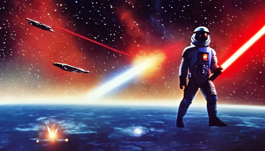 Image similar to 1 9 6 0 s movie space war between usa and china, scifi, 2 0 0 1 a space odyssey, star wars, star trek, cinestill 8 0 0 t 3 5 mm, high quality, heavy grain, high detail, panoramic, cinematic composition, dramatic light, ultra wide lens, anamorphic, flares