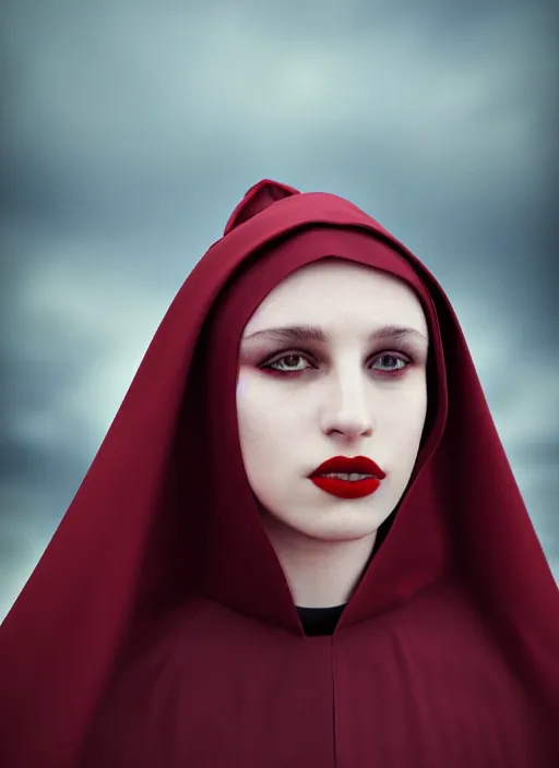 Prompt: closeup portrait of a young gothic nun with bright red lipstick, depth of field, zeiss lens, detailed, symmetrical, centered, fashion photoshoot, by Annie Leibovitz and Steve McCurry, David Lazar, Jimmy Nelsson, Breathtaking, 8k resolution, extremely detailed, beautiful, establishing shot, artistic, hyperrealistic, beautiful face, octane render