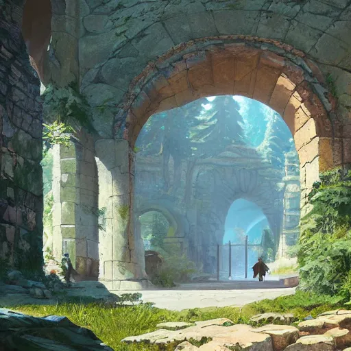 Image similar to concept art painting of an ornate ancient stone archway, in the woods, realistic, detailed, cel shaded, in the style of makoto shinkai and greg rutkowski and james gurney