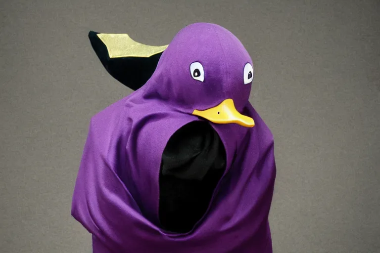 Prompt: duck wearing purple hat and cape and zoro mask by Roger Deakins