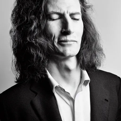 Prompt: portrait of a typical person with waist-length incredible hair by Richard Avedon, closed eyes, smiling male, aquiline nose, nd4, 85mm, perfect location lighting