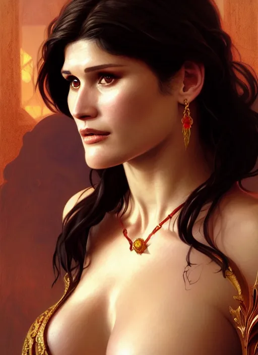 Prompt: portrait of gemma arterton as a vampire lord, jewelry, greek, ruby, intricate, headshot, highly detailed, digital painting, artstation, concept art, sharp focus, cinematic lighting, illustration, art by artgerm and greg rutkowski, alphonse mucha, cgsociety