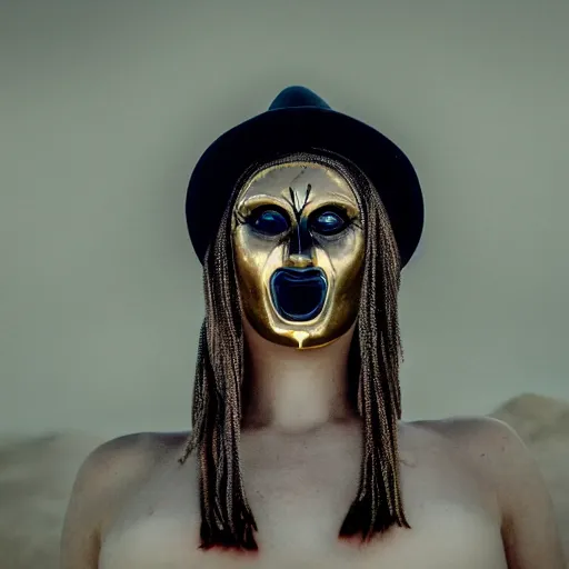 Prompt: full body shot of a pale woman in a desert lanscape, wearing a full face occult golden mask, dry desert background, smoke around her, , several glowing eyes, award winning photography, 8k, in the style of Darren Arnofsky, David Lynch and Alejandro Jodorowsky,