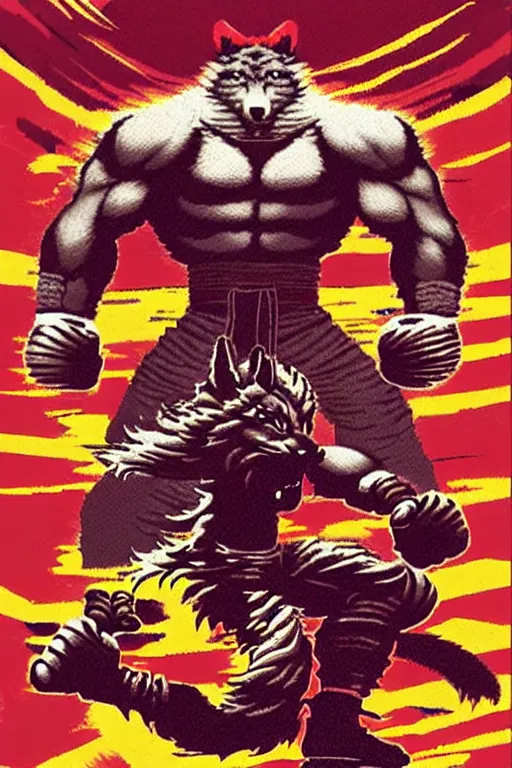 Image similar to extreme long shot. 8 bit nes graphics. antropomorphic muscular masculine wolf. kickboxer fighter, in shorts. wolf head. streetfighter, contra. fine details, very sharp, art from nes game cartridge, 8 0's, vhs artefacts, vaporwave style, marc simonetti and hermann nitsch