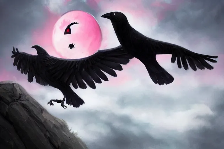 Image similar to red - eyed scary gigantic crow standing on top of a hill, looking down, holding a pink little worm in its beak, cloudy sky in the background, digital painting, epic, pokemon style, earth type pokemon, smooth, trending on artstation, professional painting, full body composition, long shot, made by greg rutkowski