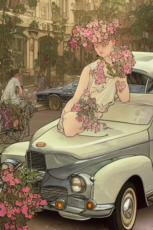 Prompt: ultra realistic illustration, old vintage car in the city with flowers blooming out the window, elegant, highly detailed, digital painting, concept art, smooth, sharp focus, illustration, art by alphonse mucha