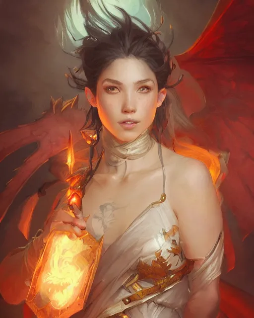 Image similar to '' Portrait of Half-Dragon character, league of legends, LOL, fantasy, d&d, digital painting, artstation, concept art, sharp focus, illustration, art by greg rutkowski and alphonse mucha ''