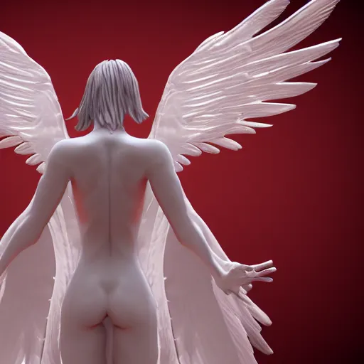 Image similar to biblically acurate angel, highly detailed, white, feathers, red, heavenly, dynamic lighting, 3 d rendering, blender, unreal engine, eyes, realistic.