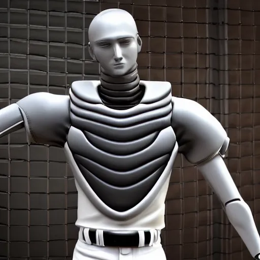Image similar to a realistic detailed photo of a guy who is an attractive humanoid who is half robot and half humanoid, who is a male android, attractive and handsome baseball players, shiny skin, posing like a statue, blank stare, in a factory, on display, showing off his muscles, wearing baseball uniforms, side view, looking at each other mindlessly