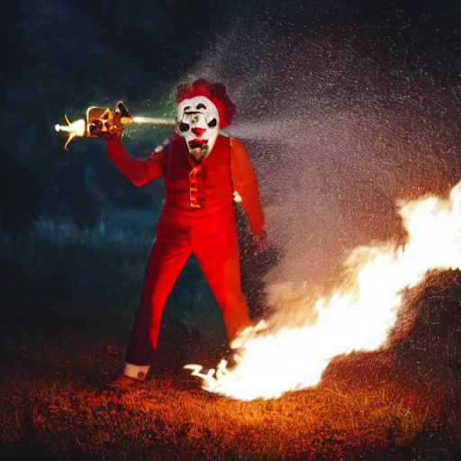 Image similar to photo of a clown using a flamethrower projecting a long flame. Cinematic, epic