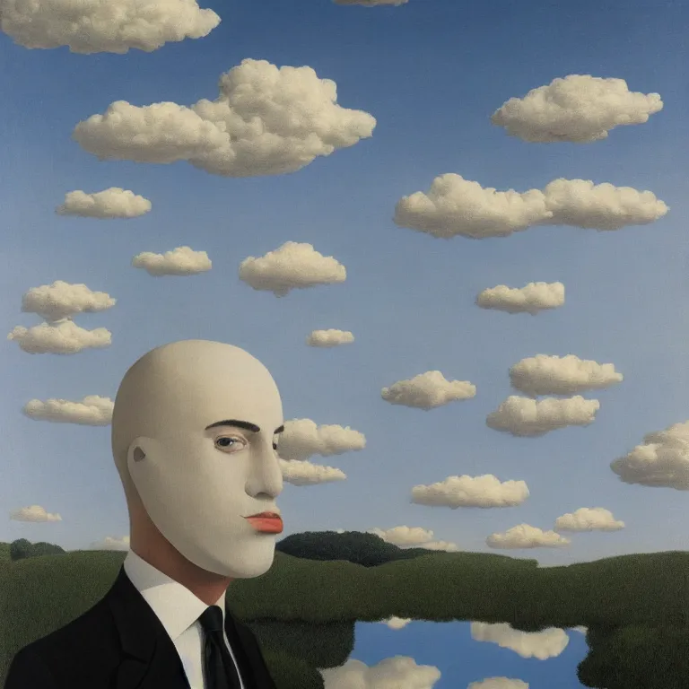 Image similar to portrait of a faceless detailed reflective chrome - head man in a suit and black gloves, clouds and nature landscape in the background, by rene magritte, very highly detailed painting, distance, centered, hd, hq, high resolution, high detail, beautiful, 4 k, 8 k