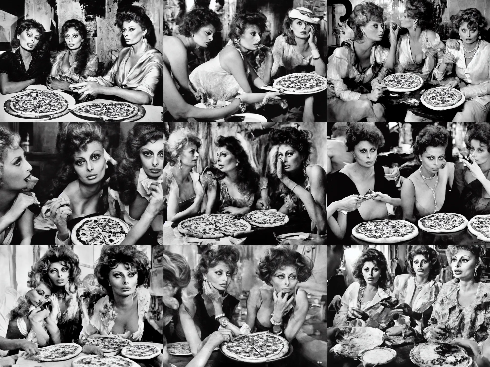 Prompt: sharing a pizza margherita, poor young sophia loren vs royal queen margherita of savoy, contrasting lives, beautiful, stunning, smooth lighting, exquisit detail, masterpiece, timeless, historical photo by letizia battaglia