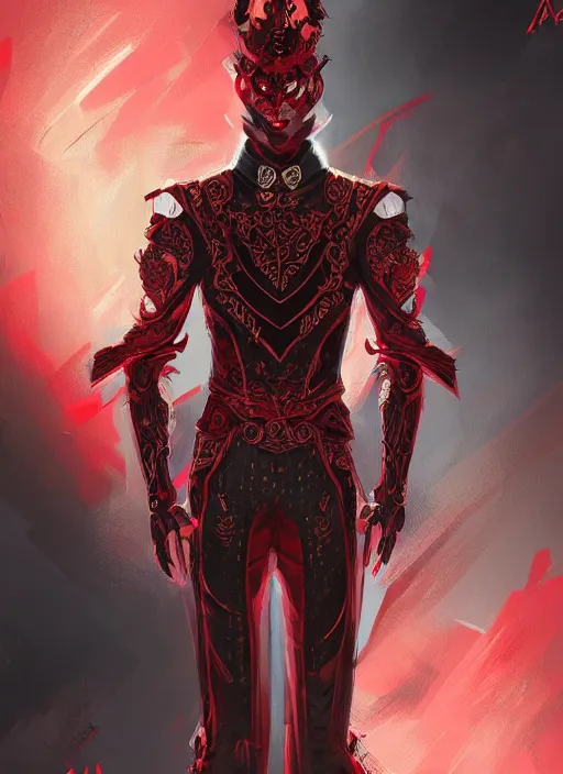 Image similar to a highly detailed illustration of short wavy haired man wearing masquerade and red and black suit, dramatic standing pose, intricate, elegant, highly detailed, centered, digital painting, artstation, concept art, smooth, sharp focus, league of legends concept art, wlop