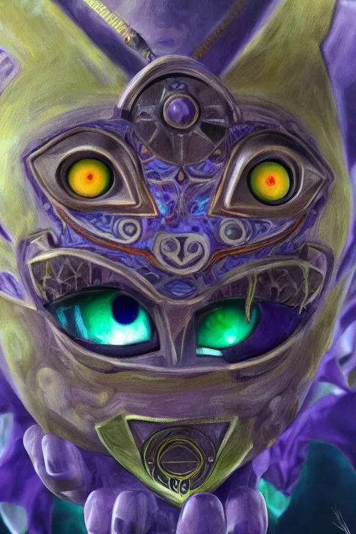 Image similar to Majora's Mask from Zelda, oil on canvas, intricate, portrait, 8k highly professionally detailed, HDR, CGsociety