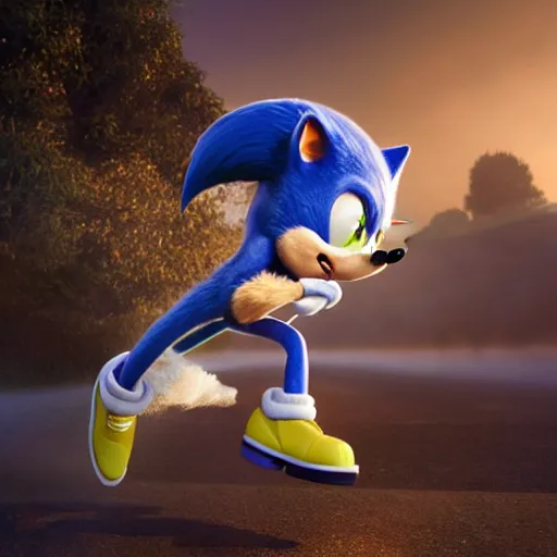 Prompt: hyperrealistic sonic the hedgehog running, stunning 3 d render inspired by istvan sandorfi & greg rutkowski & mike judge, perfect symmetry, dim volumetric cinematic lighting, 8 k octane comprehensive render, extremely mega hyper - detailed and lifelike attributes & atmosphere, intricate, realistic flesh texture, masterpiece, artstation, stunning,