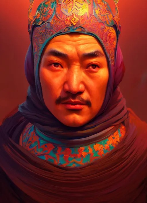 Prompt: centered painted portrait, a uyghur man, gloomhaven, matte painting concept art, art nouveau, beautifully backlit, swirly vibrant color lines, fantastically gaudy, aesthetic octane render, 8 k hd resolution, by ilya kuvshinov and cushart krentz and gilleard james and luc tuymans