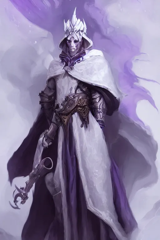 Prompt: man male , full body white purple cloak, warlock, character concept art, costume design, illustration, black eyes, white horns, trending on artstation, Artgerm , WLOP