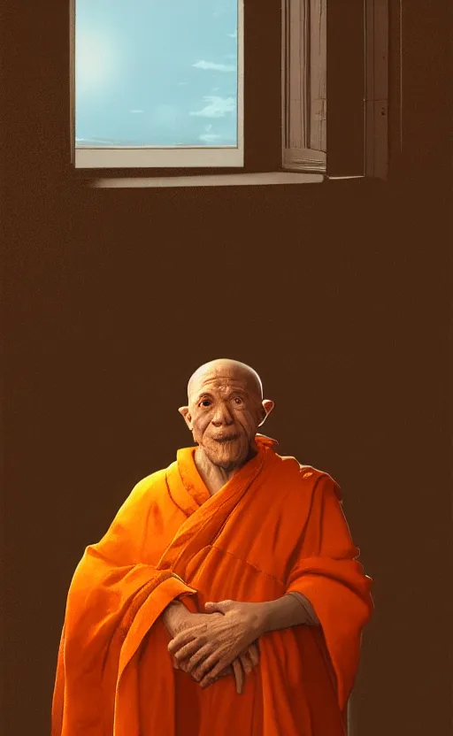 Image similar to portrait of an old monk, spaceship window, planet, orange robe, dramatic lighting, artstation, matte painting, johannes vermeer