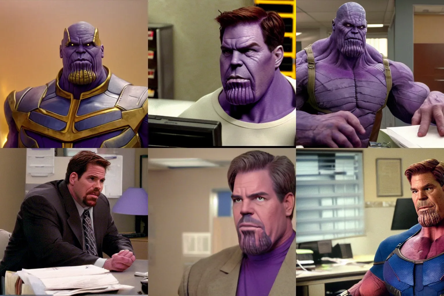 Prompt: thanos making a guest appearance on the Office (2003)