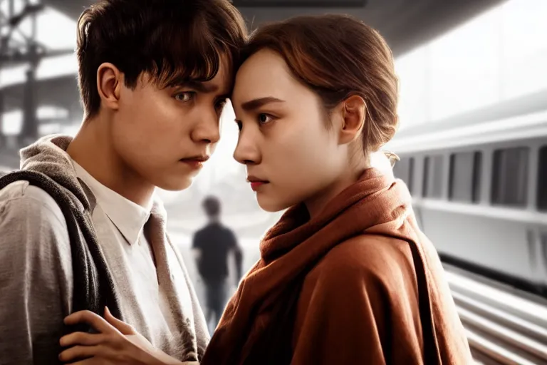 Image similar to vfx movie closeup couple in a train station flat color profile low - key lighting award winning photography arri alexa cinematography, beautiful natural skin, atmospheric cool color - grade