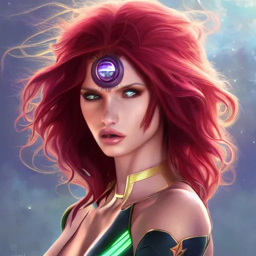 Image similar to ultra realistic illustration, bella thorne as starfire anime, intricate, elegant, highly detailed, digital painting, artstation, concept art, smooth, sharp focus, illustration, art by artgerm and greg rutkowski and alphonse mucha and wlop