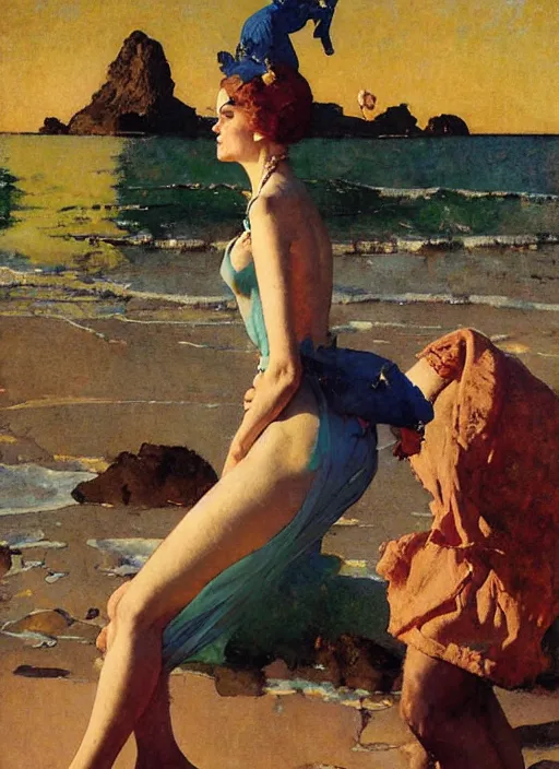 Prompt: illustration upper body and head portrait of elegant woman in the beach, by norman rockwell, roberto ferri, daniel gerhartz, edd cartier, jack kirby, howard v brown, ruan jia, tom lovell, frank r paul, jacob collins, dean cornwell, pulp 5 0 s scifi