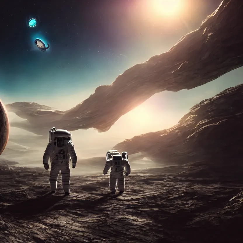 Prompt: a astronaut walking on a alien planet and looking to the absurdly giant black hole in the sky, digital art, concept art, trending on DeviantArt, trending on Artstation, high quality, 8K HDR, octane render, unreal engine 5, path tracing, breathtaking landscape, dramatic lighting, cinematic, highly detailed