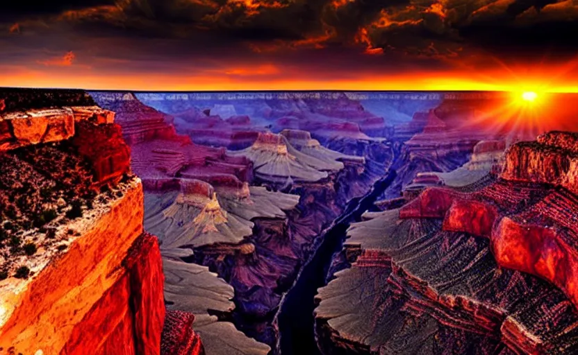 Image similar to an epic painting of the grand canyon at a colorful sunset, in the style of avatar, epic scene, extremely detailed masterpiece, extremely moody lighting, glowing light and shadow, atmospheric, shadowy, cinematic, god lighting