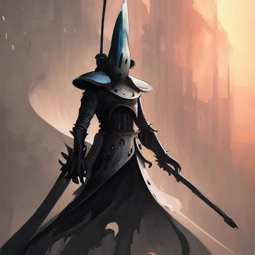 Image similar to The Knight from Hollow Knight , highly detailed, digital painting, artstation, concept art, sharp focus, illustration, art by greg rutkowski and alphonse mucha