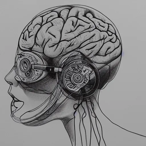 Prompt: a ballpoint pen sketch of a digital brain encased in machinery being removed from a patients head as they lay on a cyberpunk operating table. futuristic, ghost in the shell style!! highly detailed rendering