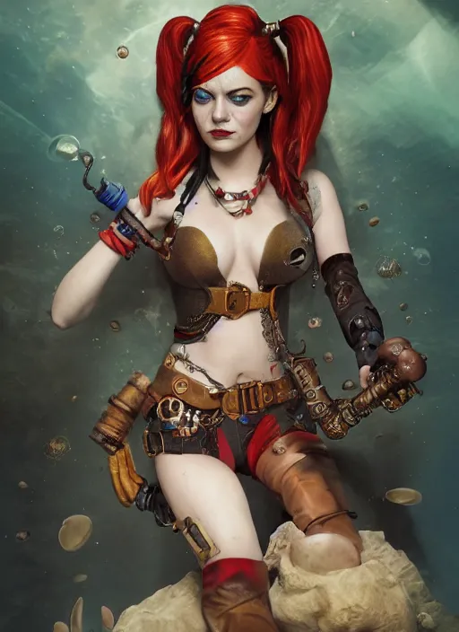 Prompt: underwater steampunk pirate portrait of emma stone as harley quinn, pretty face, hyper detailed, digital art, cinematic lighting, studio quality, smooth render, unreal engine 5, octane rendered, art style by klimt and nixeu and ian sprigger and krenz cushart.