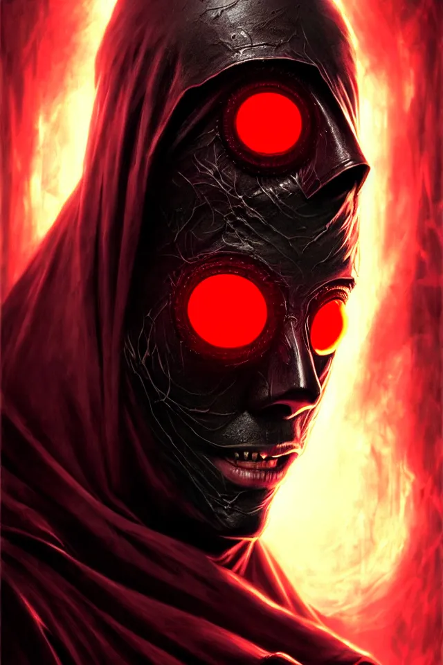 Prompt: a striking portrait of a pitch black masked eldritch shaman with sinister red eyes by moebius and ross tran and artgerm, detailed artwork, realism, 4 k resolution, detailed, high quality, sharp focus, hq artwork, insane detail, volumetric lighting, character concept art, fine details, tarot card, clear subject