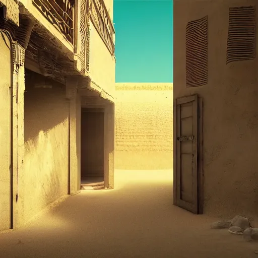 Prompt: old jeddah city alley, roshan, old shops, horse, magical glowing sand gateway to another dimension, a man wearing a white robe standing watching over, dramatic lighting, dawn, by caspar david friedrich by beeple and james gilleard and justin gerard, centered, artstation, smooth, sharp focus, photoreal octane render, 3 d, by jean baptiste monge