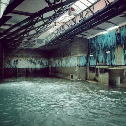 Image similar to an indoors waterpark. creepy, flooded, empty, dark abandoned.