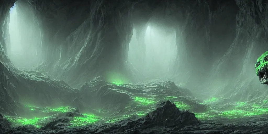 Prompt: a highly detailed matte painting of an emaciated demonic gray alien mummy stalking the interior of a cavern filled with glowing green mist, ominous, foreboding, dark, trending on artstation,