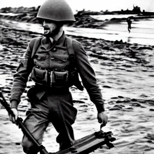 Image similar to Pewdiepie storming the beaches of Normandy, 1945, Colourized