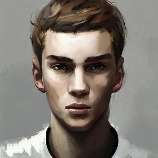 Image similar to Portrait of a man by Greg Rutkowski, he is about 20 years old, west slav features, short blonde hair with bangs, attractive, smart looking, slim, somewhat androgenic, he is wearing a white and black utilitarian jumpsuit, highly detailed portrait, scifi, digital painting, artstation, concept art, smooth, sharp foccus ilustration, Artstation HQ