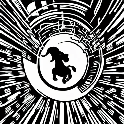 Image similar to colorful mcbess illustration of a dachshund jumping into a portal to another world