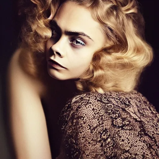 Image similar to photo of a gorgeous 20-year-old Cara Delevingne 1910s hairstyle by Mario Testino, detailed, head shot, award winning, Sony a7R -