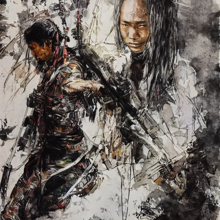 Image similar to lone burmese warrior, painting, by greg ruthowski, yoshikata amano, yoji shinkawa, alphonse murac, collaborative artwork, beautifully drawn, heavily detailed