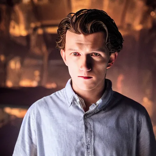 Image similar to tom holland with a beard as the new doctor who, cinematic, volumetric lighting, f 8 aperture, cinematic eastman 5 3 8 4 film, photorealistic