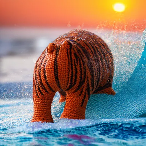 Prompt: a closeup photorealistic photograph of a cute smiling knitted tiger hippopotamus splashing in the waves at sunset. surf in background. professional capture. brightly lit scene. this 4 k hd image is trending on artstation, featured on behance, well - rendered, extra crisp, features intricate detail, epic composition and the style of unreal engine.