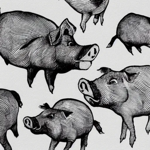 Image similar to pigs and crowns on a white background, wallpaper, Illustration, Anatomical Drawing, Painting, black and white, high contrast