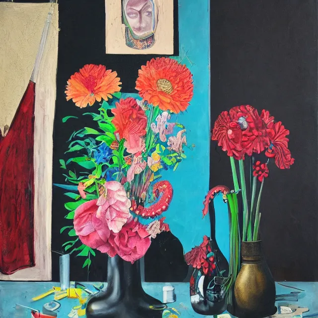 Image similar to empty room with black walls, sensual portrait of a female pathologist, broken vase of flowers and water, octopus, squashed berries, neo - expressionism, surrealism, acrylic and spray paint and oilstick on canvas