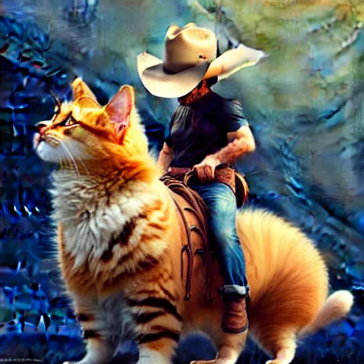 Image similar to fluffy cat in cowboy hat like a tiny girl riding on the back of a giant corgi, by greg rutkowski