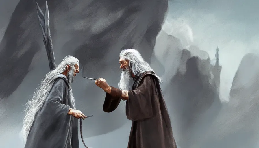 Image similar to concept art of gandalf giving frodo the one ring jama jurabaev, brush hard, artstation, high quality, brush stroke, soft lighting