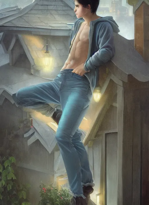 Image similar to handsome young man with short black hair, glowing light blue eyes, pale skin, crouching on the roof of a house, in a neighbourhood, at night, wearing jeans and a black hoodie, realistic painting by ross tran and gerald brom and alphonse mucha, trending on artstation