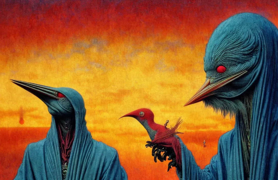 Image similar to realistic detailed portrait movie shot of a birdman wearing a dark robes, sci fi city landscape background by denis villeneuve, amano, yves tanguy, alphonse mucha, ernst haeckel, max ernst, roger dean, masterpiece, rich moody colours, dog teeth, blue eyes, sunset