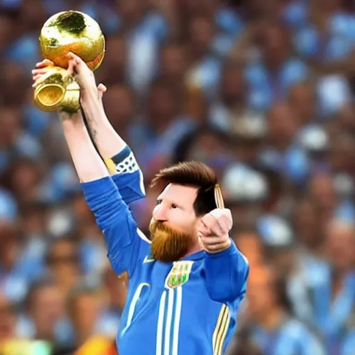 Image similar to lionel messi lifting the fifa world cup wearing the argentina shirt, extremely detailed, 9 k