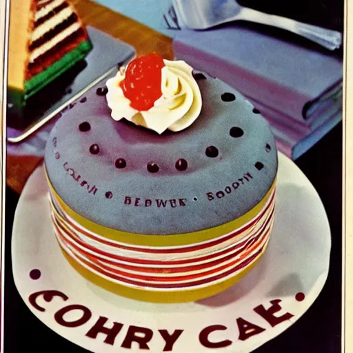 Prompt: 1970's cookbook color photograph of fancy cake sharp detail high detail